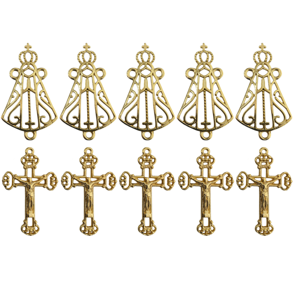 KIT 5 Pingentes Cruz Vazada Jesus + 5 Entremeios Nossa Senhora Vazada Para Fazer Terços Dourado
