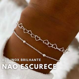 Kit Duas Pulseiras Coração e Bolinha Prata Aço inoxidável não escurece Hipoalergênica Corrente minimalista feminino