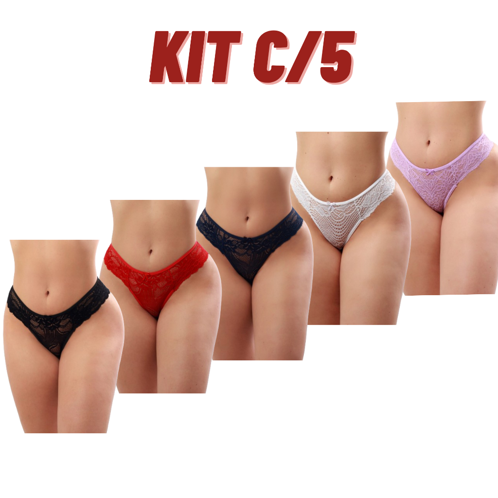 Kit com 5 Calcinhas em Renda Fio Dental Lingerie Feminina Sensual Moda Intima Sexy