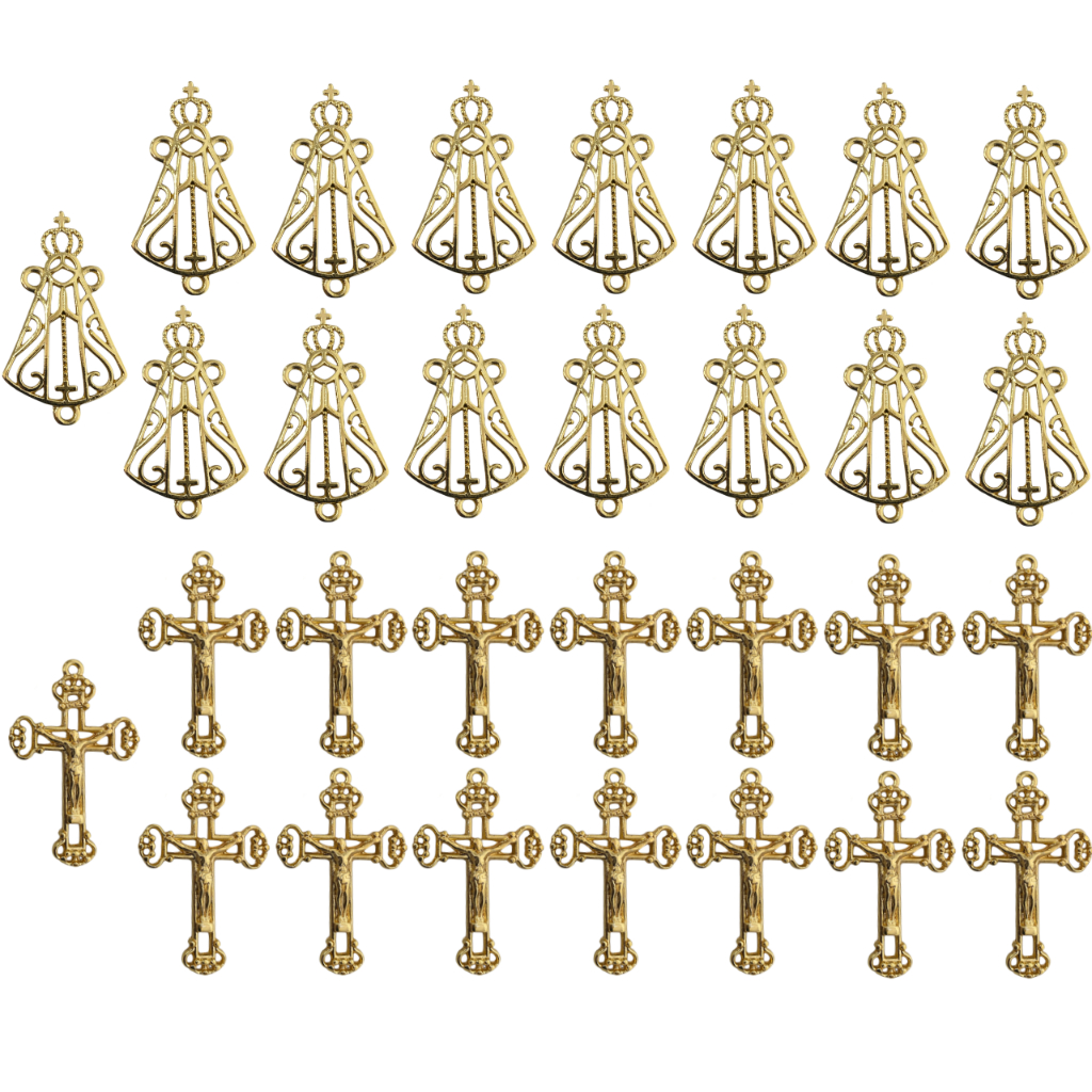 KIT 15 Pingentes + 15 Entremeios Dourado Cataforético Crucifixo Vazado Nossa Senhora Para Terço