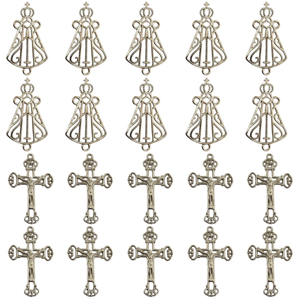 KIT 10 Pingentes Crucifixo + 10 Entremeios Nossa Senhora Vazada Para Fazer Terços Niquel Envernizado em Oferta na Shopee