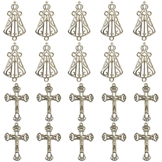 KIT 10 Pingentes Crucifixo + 10 Entremeios Nossa Senhora Vazada Para Fazer Terços Niquel Envernizado em Oferta na Shopee