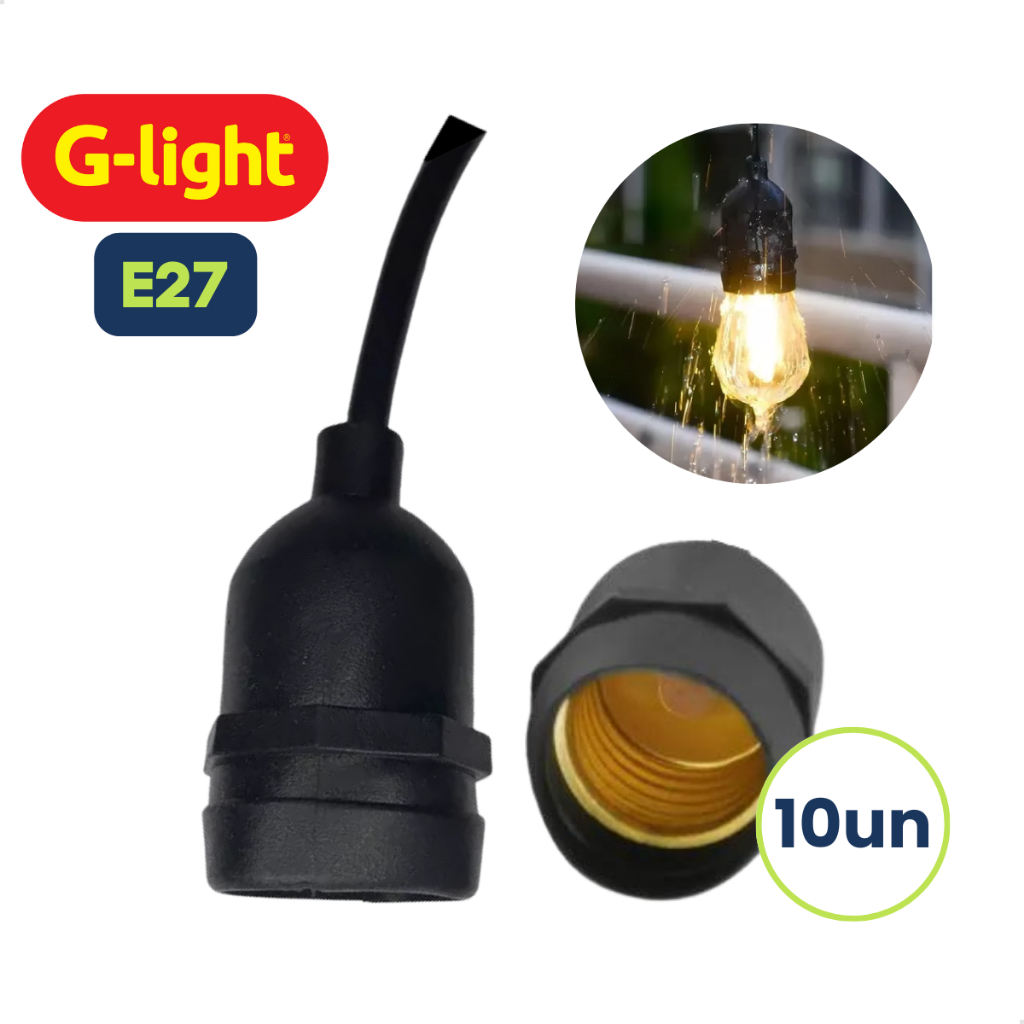 Kit 10 Soquete Bocal E27 Emborrachado Rabicho Externo Proteção Água Blindado Cabo PP 15cm G-Light