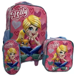 Kit Mochila Infantil Lolly com Rodinhas, Estojo e Lancheira
