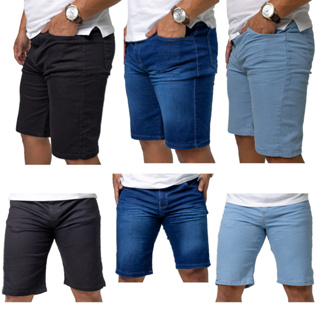 Kit 3 Bermuda Masculina Jeans Com Elastano Preta+ Azul USED+ Azul Claro - Short Jeans Masculino em Oferta na Shopee