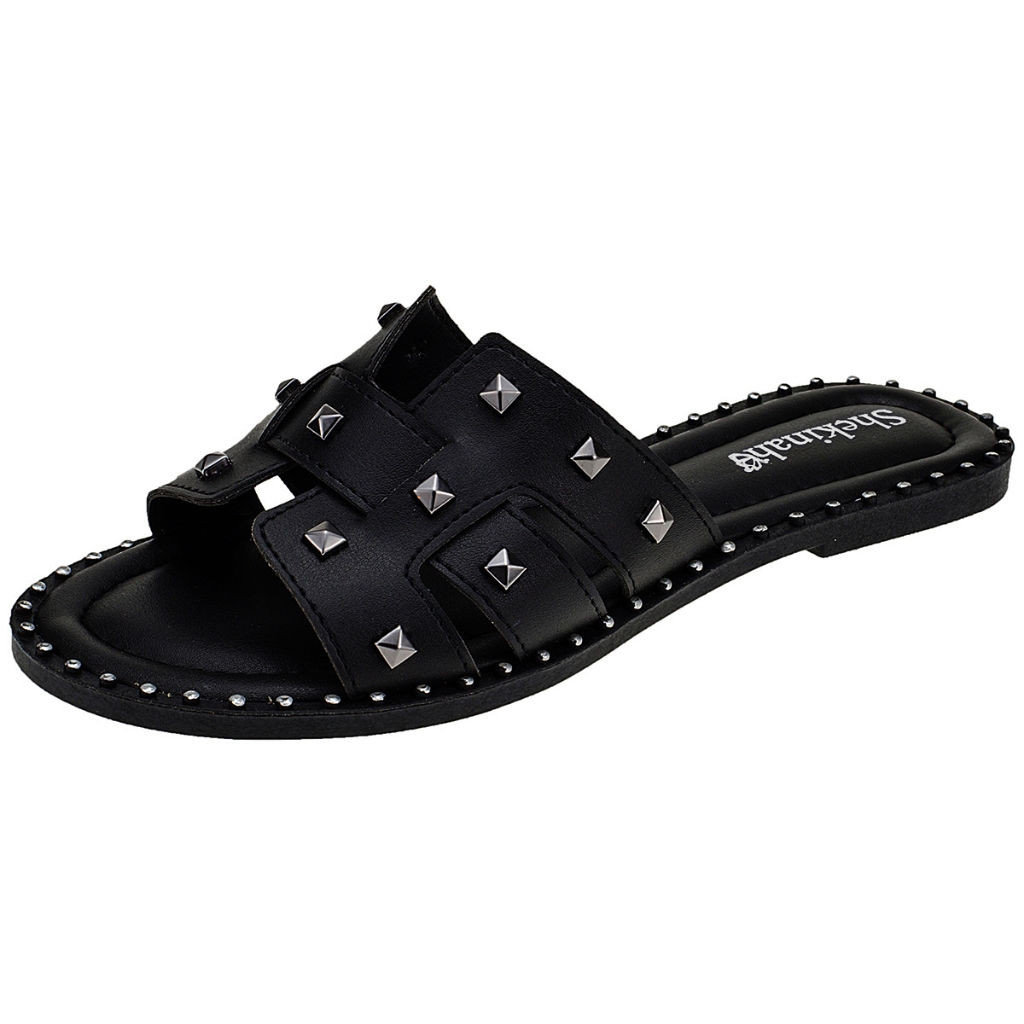 Rasteirinha Rasteira Feminina Shekinah Sola Cravos Tachinha Tachas Macia Moderna Lançamento Spike em Oferta na Shopee