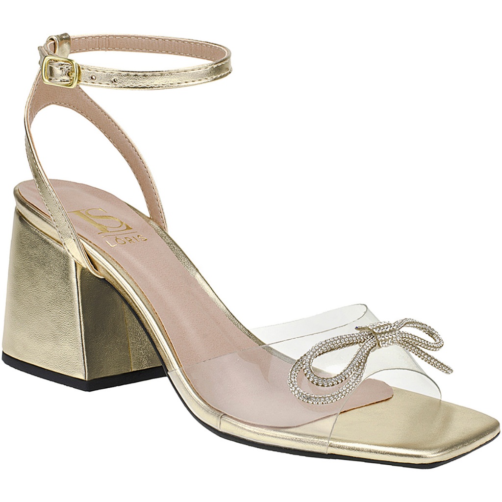 Sandalia de Vinil com Laço Pedraria Traseiro Ajustável  Salto Bloco Confortável Metalizada 9005 em Oferta na Shopee