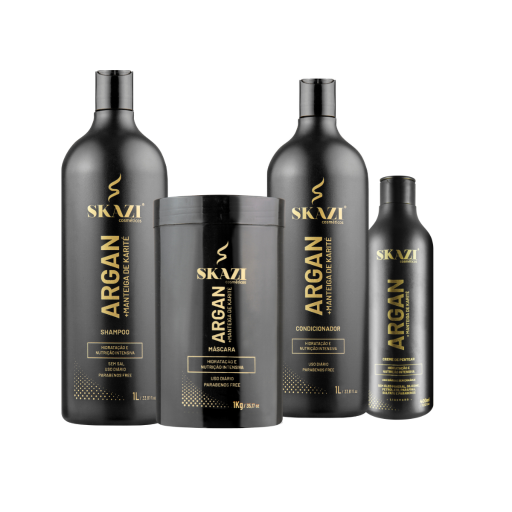 Kit Combo Skazi Argan + Manteiga De Karité Shampoo Condicionador Máscara E Creme De Pentear em Oferta na Shopee