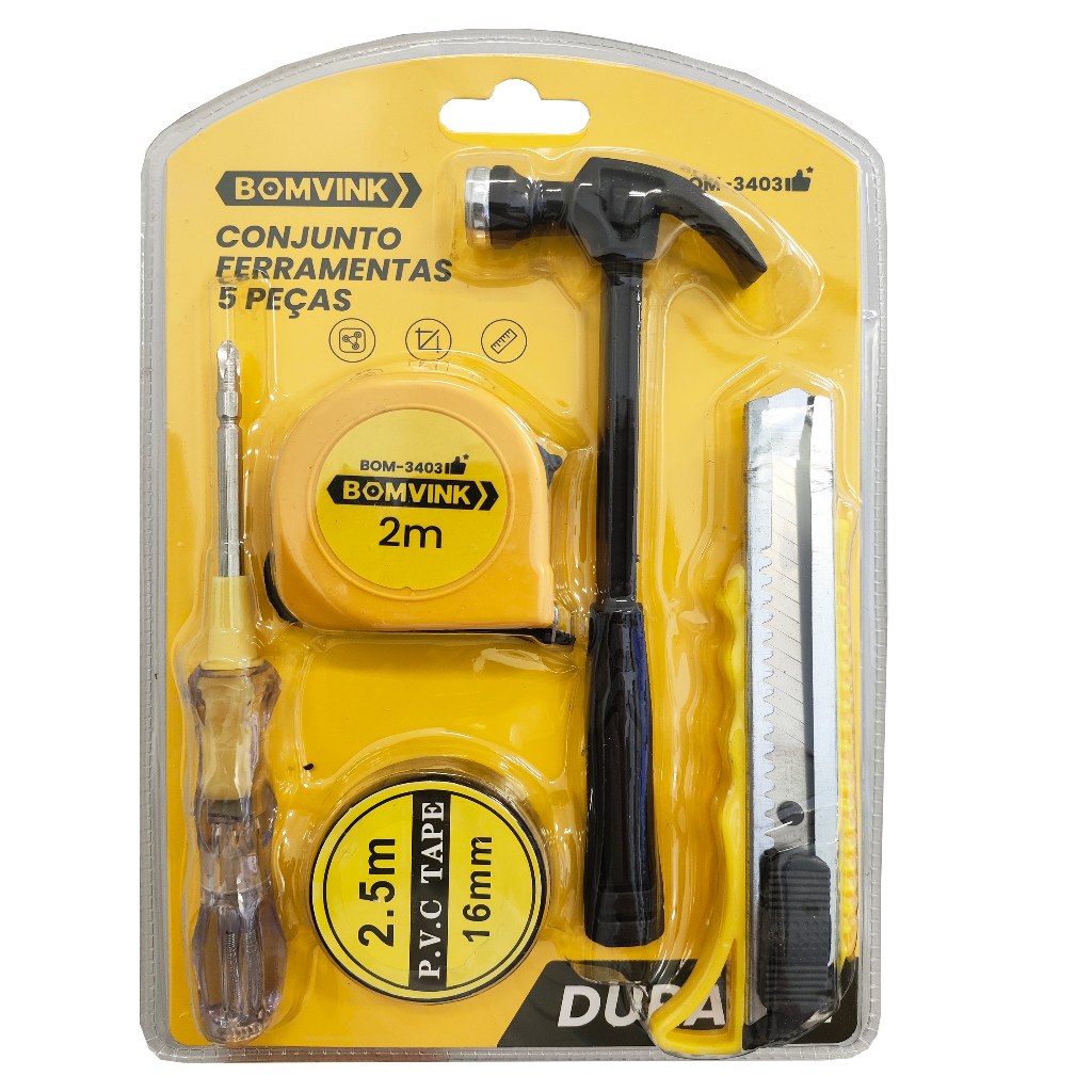Conjunto De Ferramentas 5 Peças Profissional Reparos Martelo Estilete Trena Chave Fita Isolante