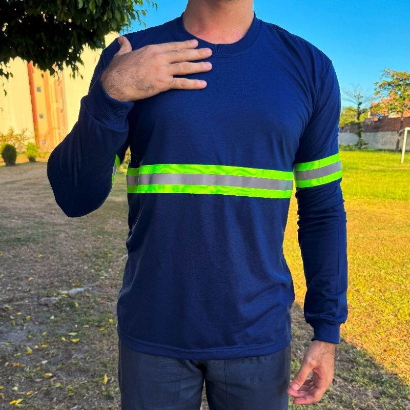 🚨 NOVIDADE! 🚨Camiseta de Malha Fria PV Manga Longa com Faixa Refletiva Uniforme Profissional