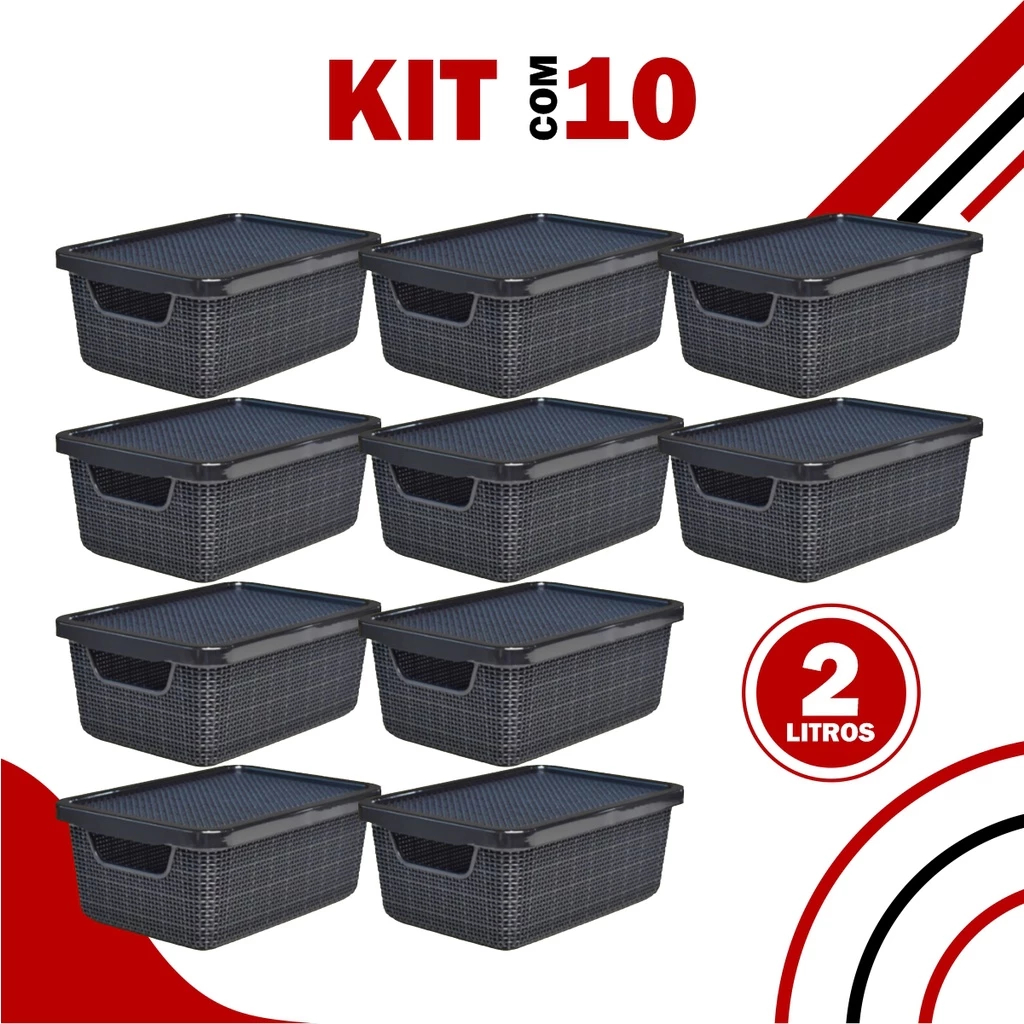 Kit 10 Cestos Organizadores Jutta com Tampa 2L Preto - Armazenamento, Organização e Decoração - TOY 25811