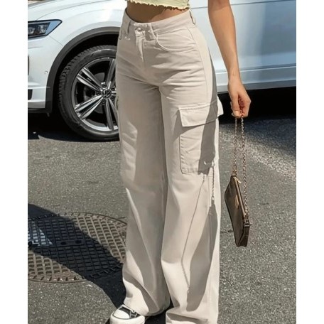 Calça cargo feminina bege Sarja com bolso moda blogueira moda gringa Wide leg tendência