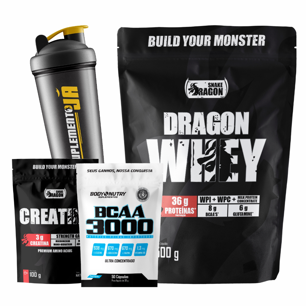 Kit Dragon Whey, 500g + Creatina 100g + BCAA 3000, refil 50 cáps + Coqueteleira 600ml em Oferta na Shopee