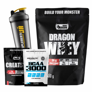 Kit Dragon Whey, 500g + Creatina 100g + BCAA 3000, refil 50 cáps + Coqueteleira 600ml em Oferta na Shopee