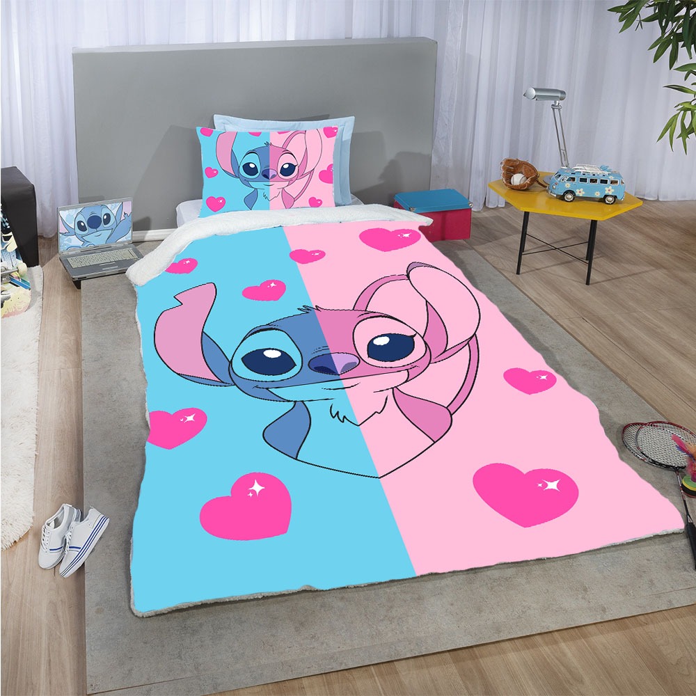 Coberdrom Estampado Stitch e princesas Infantil personagem Solteiro manta sherpa lã carneiro bem quentinho 2 peças
