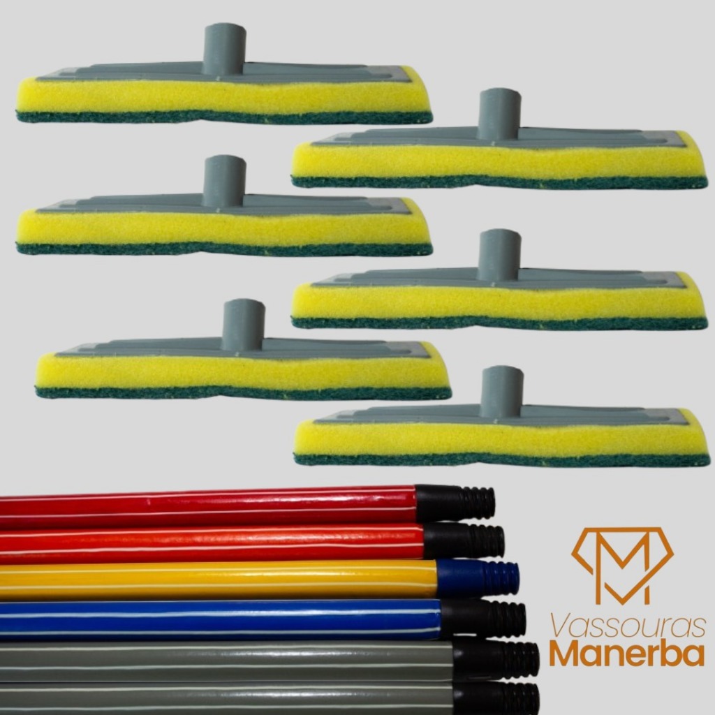 KIT 6 LAVA AZULEJO(COM 6 CABOS) CHÃO VIDRO PORCELANATO PASSA CERA ESFREGÃO RODO ABRASIVO MOP