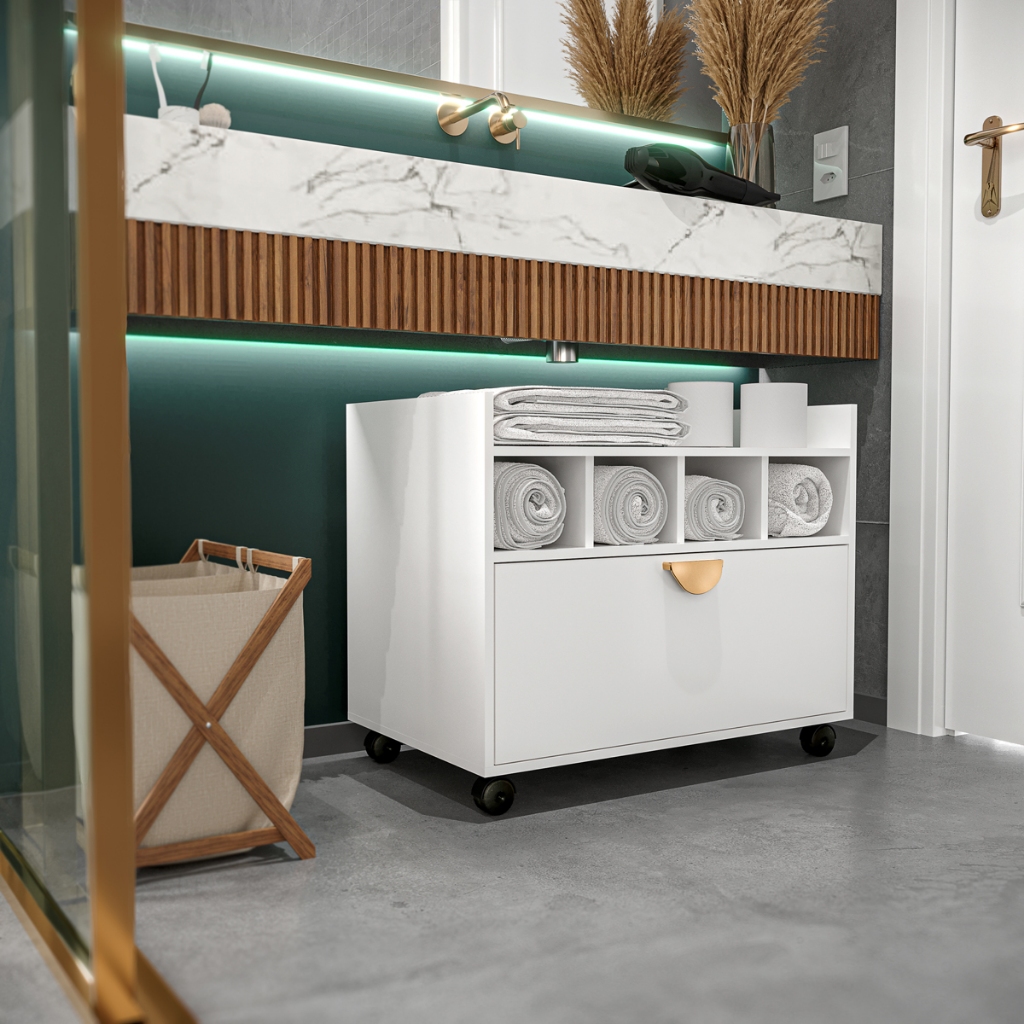 🔥 _OTIMIZE SEU BANHEIRO COM ELEGÂNCIA E FUNCIONALIDADE! 🚿🛁_  
_Gabinete de Banheiro Organizador com 1 Gaveta e Nicho_  

✅ Design prático e compacto, perfeito para apartamentos com pouco espaço.  
✅ Rodízios que facilitam o deslocamento e a limpeza do amb