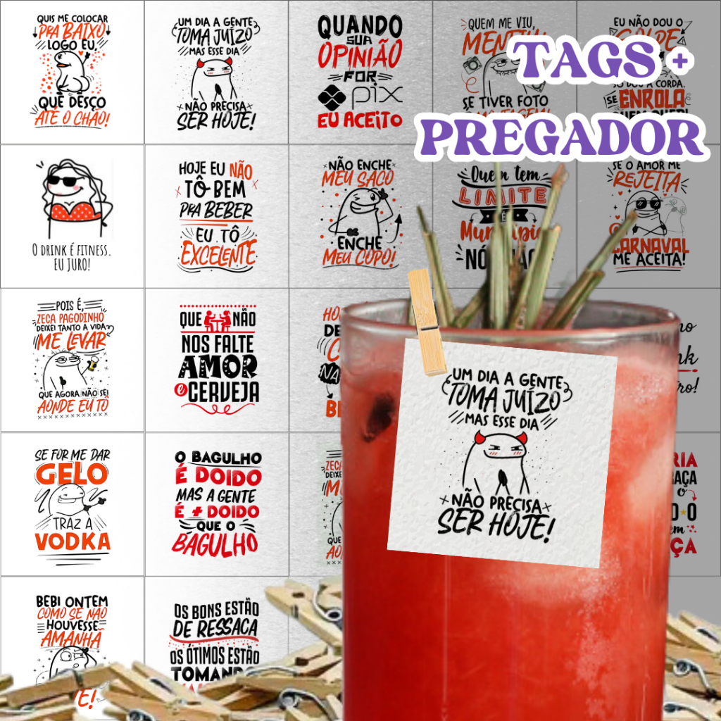 Kit tags para drinks com mini pregador - carnaval sortidos modelo florks baladeiros
