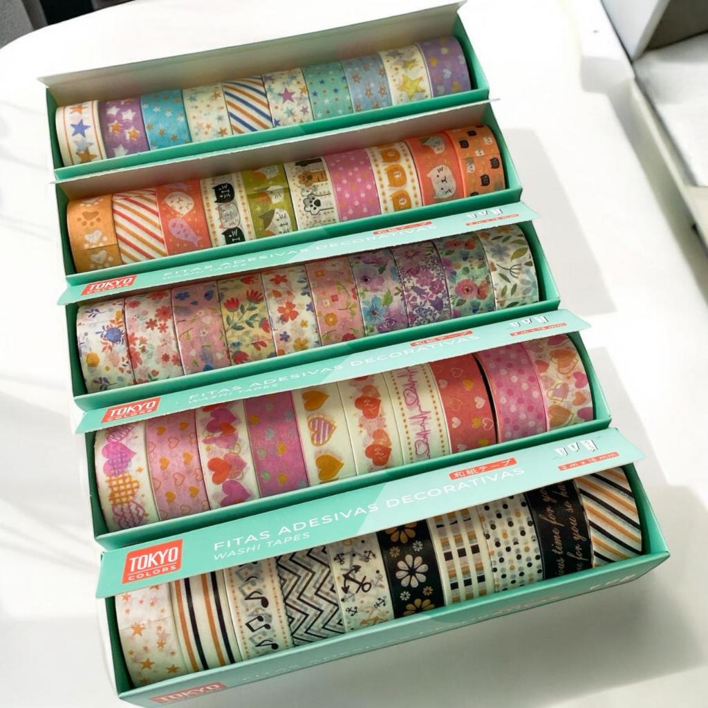 Kit jogo Fita Washi Decorativa de Papel e Adesivo 2 m x 15 mm TOYKO DESIGN (JOGO COM  10 ROLOS)