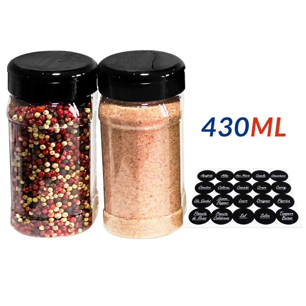 Conjunto de Potes Temperos Condimentos Sal Parrilha Pimenta Grão 430ml com Tampa Dupla - 2 Unidades