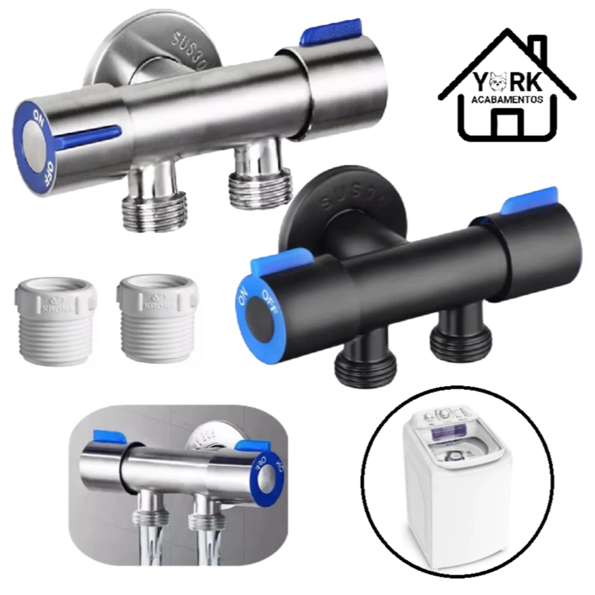 Registro Torneira T Dupla Saída de Agua INOX 304 para Maquina de Lavar e Secar Roupa Tanque Banheiro