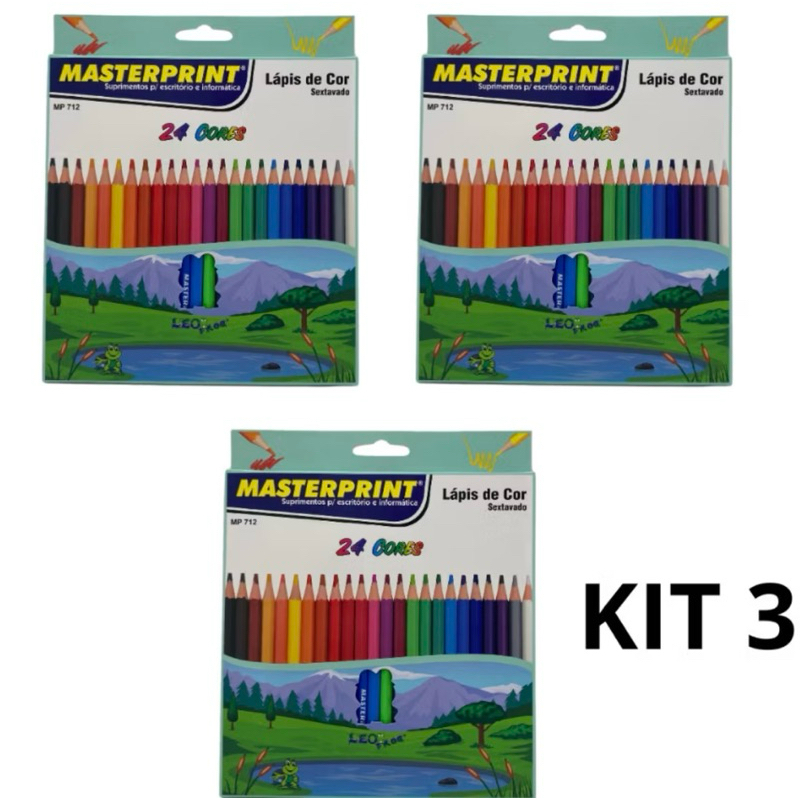 Kit 3 Caixa Lápis de Cor 24 Cores Masterprint Sextavado Total 72 Lapis