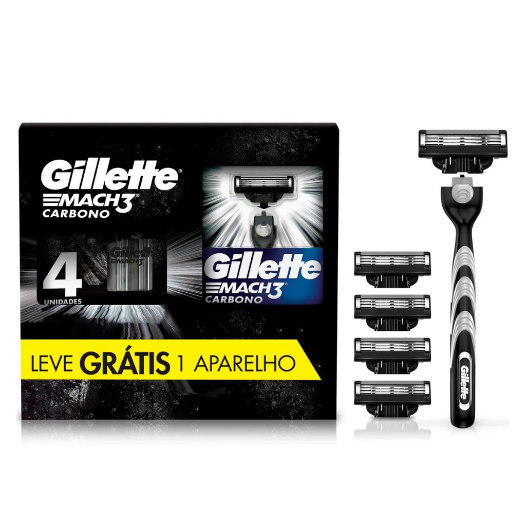 Kit Aparelho de Barbear Descartável Gillette Mach3 Carbono Carvão Ativado + 4 Refis