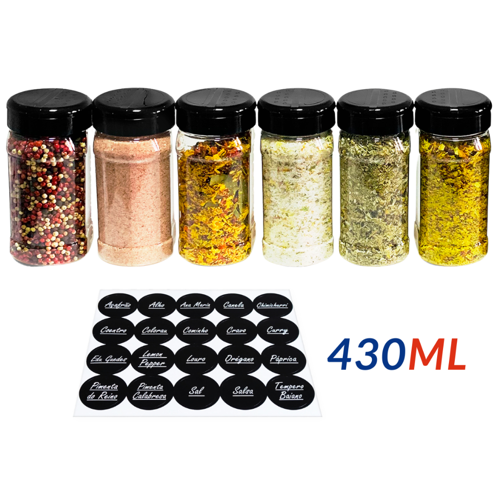 Conjunto de Potes Temperos Condimentos Sal Parrilha Pimenta Grão 430ml com Tampa Dupla - 6 Unidades
