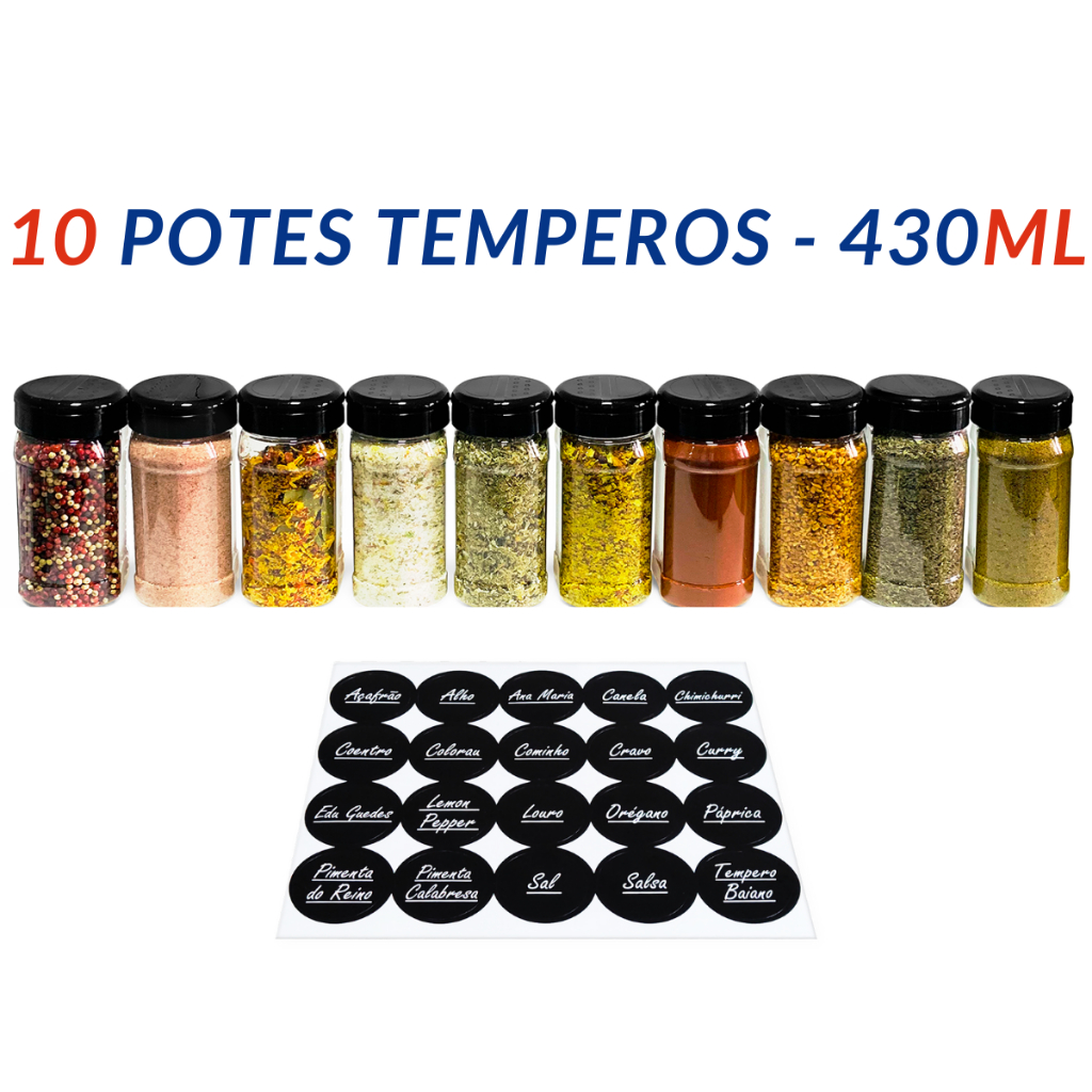 Conjunto de Potes Temperos Condimentos Sal Parrilha Pimenta Grão 430ml com Tampa Dupla - 10 Unidades