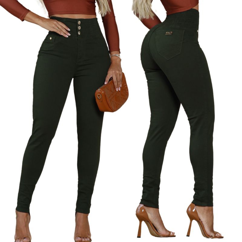 Calça modeladora feminina jeans Cós cintura alta colorida preto e branco LAYCRA vermelho bege verde em Oferta na Shopee