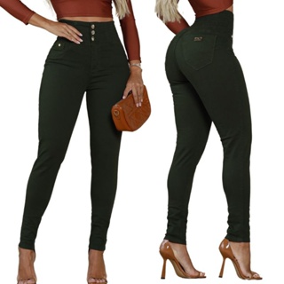 Calça modeladora feminina jeans Cós cintura alta colorida preto e branco LAYCRA vermelho bege verde em Oferta na Shopee