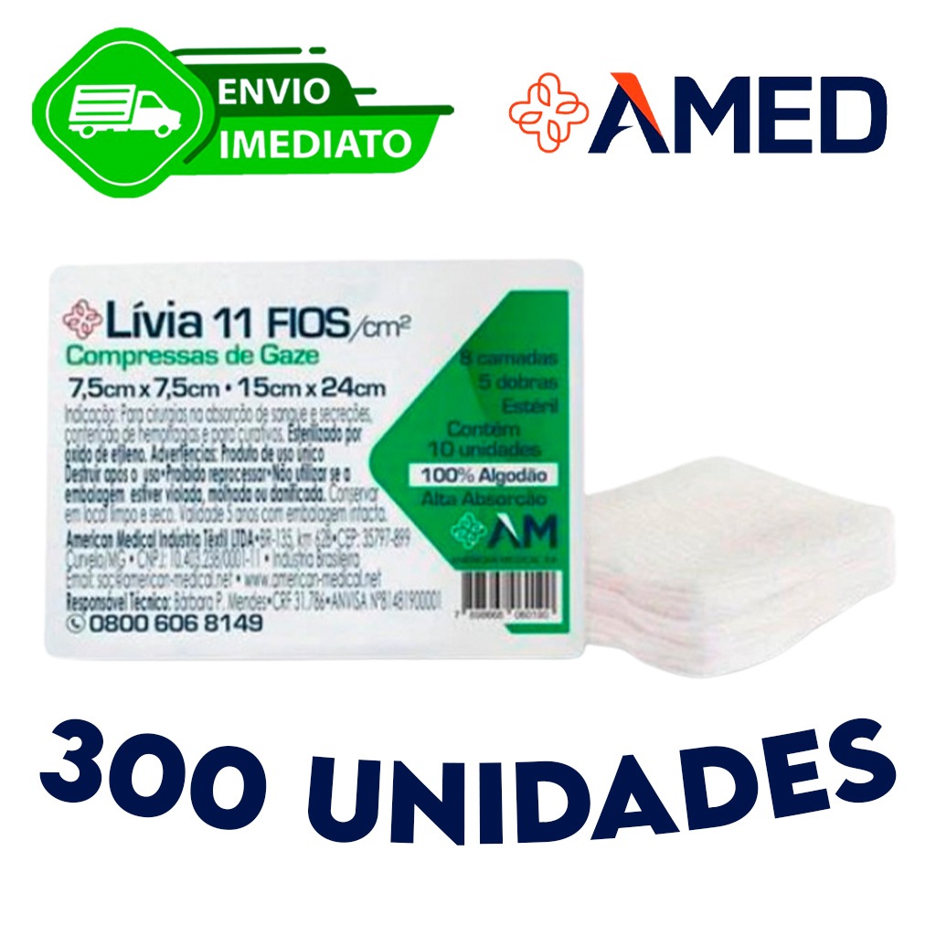 Kit C/300 Compressa de Gaze Esteril Lívia Hidrófila Gaze Esteril 11 Fios - 7,5x7,5cm Envio Imediato