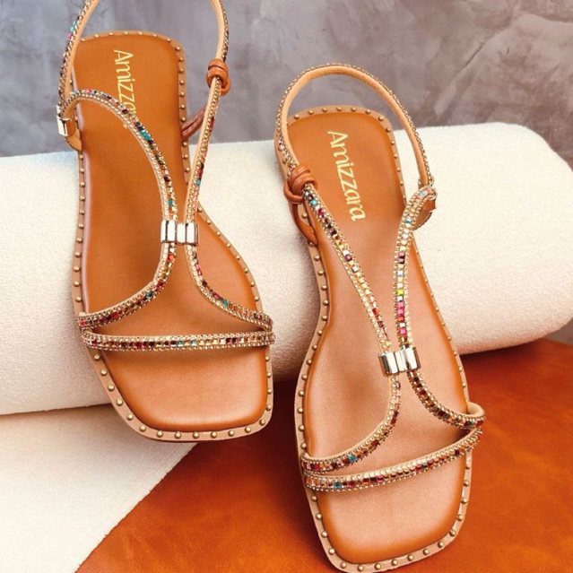 Sandália Rasteirinha Feminina Tira de Strass Regulavel Colorida Confortável Lancamento Amizzara em Oferta na Shopee