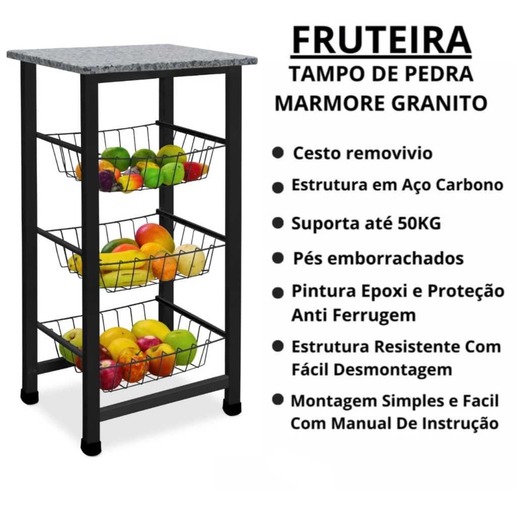 Fruteira Chão Cozinha Multiuso Tampo Pedra Granito Mármore e Madeira