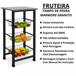 Fruteira Chão Cozinha Multiuso Tampo Pedra Granito Mármore e Madeira