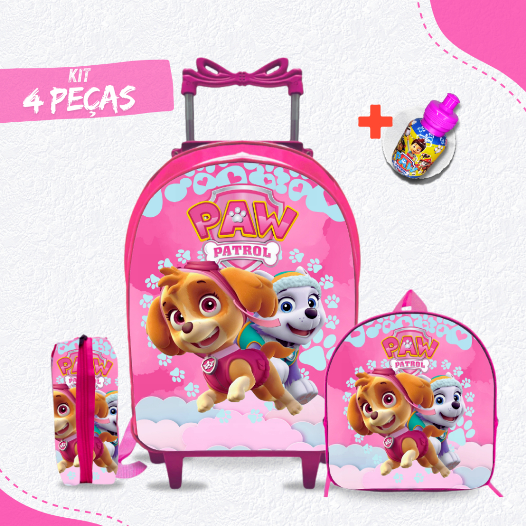 Kit Mochila escolar Patrulha Skye com Lancheira e Estojo - Rodinha - Menina - Feminino