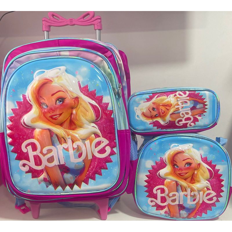 Kit Mochila Escolar Infantil Barbie 3D com Rodinhas/ Mochila Lancheira Térmica Estojo/mochila para Menina/mochila Costas