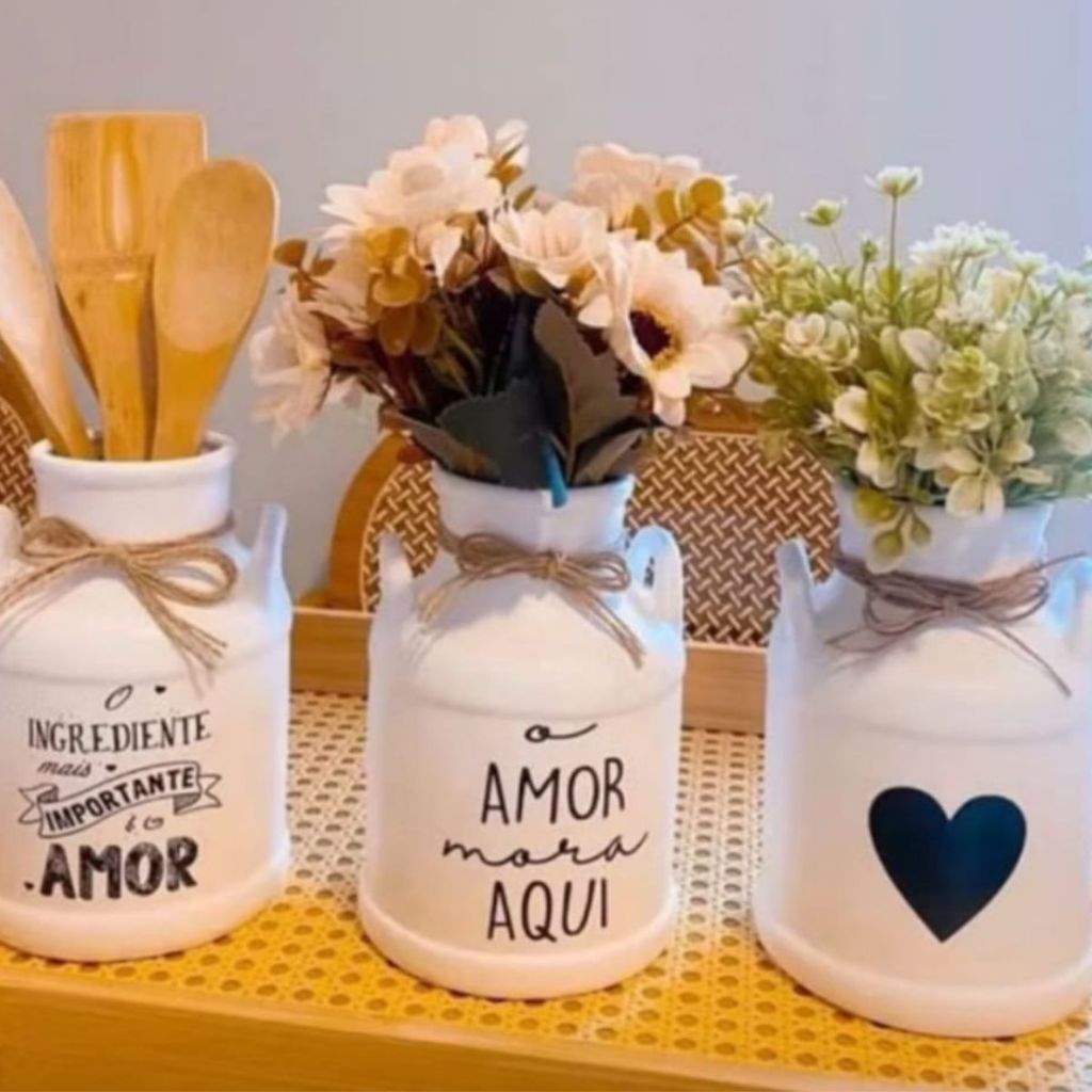 Kit 3 Leiteiras Branca Decorativa Cozinha Porta Talher Arranjo Flores