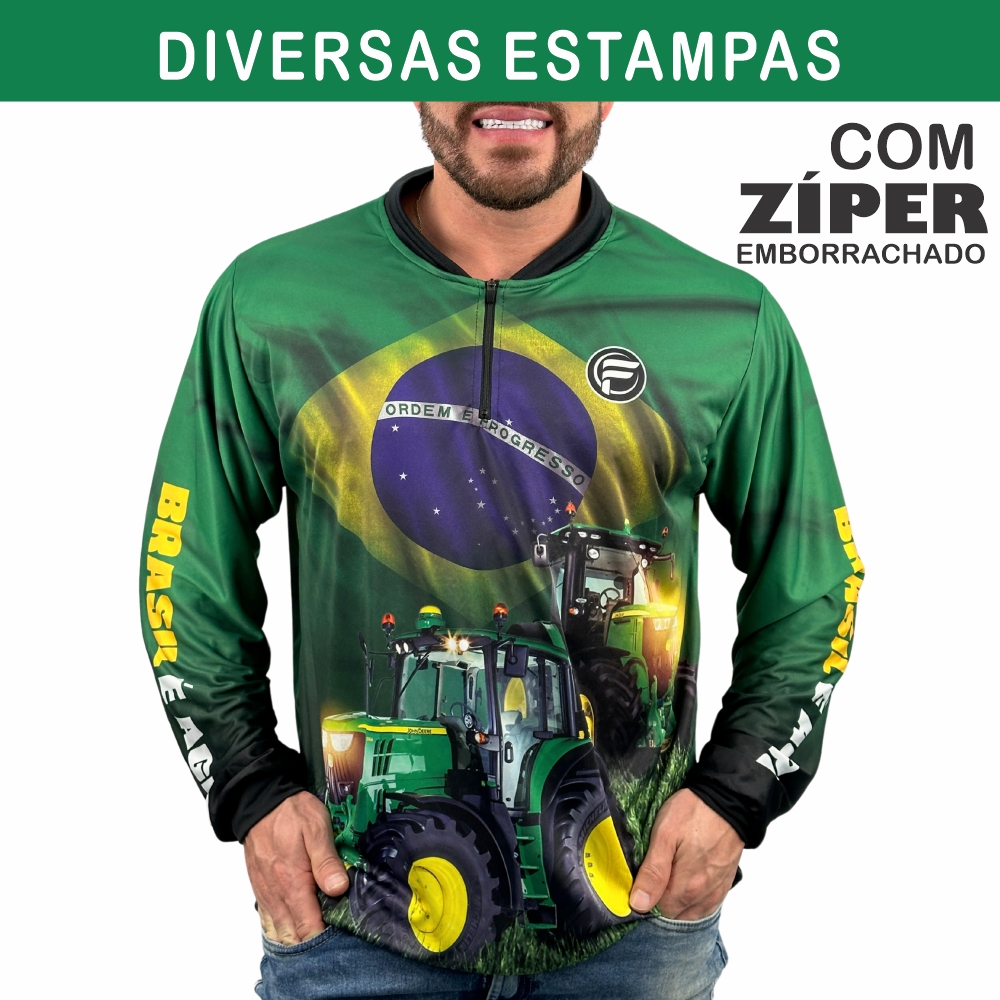 Camisa Camiseta Agro c/ Zíper Masculino UV Brasil Agropecuária Bruto Trator Blusa Proteção UV em Oferta na Shopee