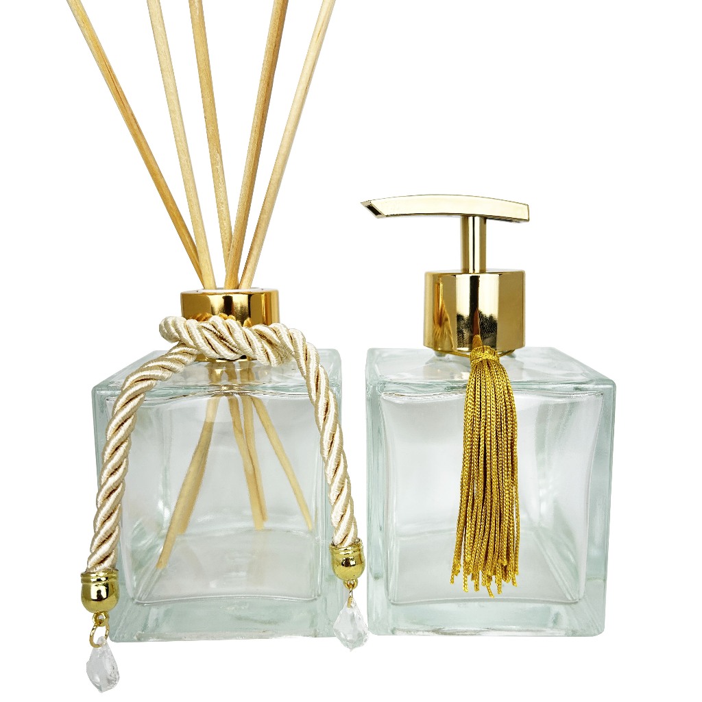 Kit Lavabo Luxo Vidro Cubo 250ml Aromatizador e Saboneteira Prime