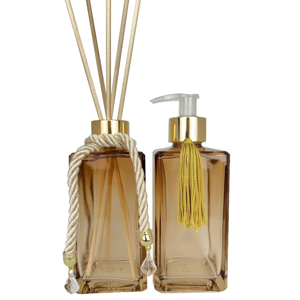 Par Vidro Luxo Saboneteira e Aromatizador Square Ambar com Pingente