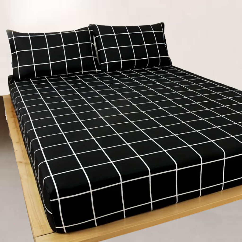 Jogo de Lençol Grid Xadrez 03 Peças Micropercal 400 Fios Cama Casal Queen