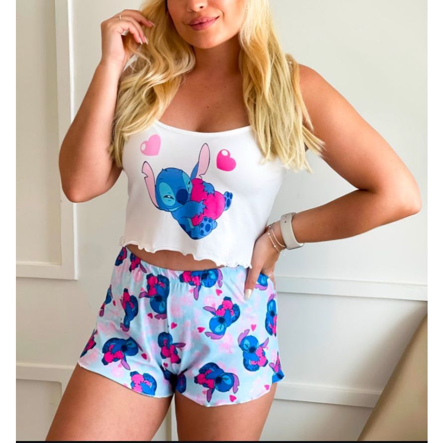 Baby Doll Pijama Feminino Verão Roupa de Dormir Lilo Stitch Cropped Blogueirinha Modelo Virginia