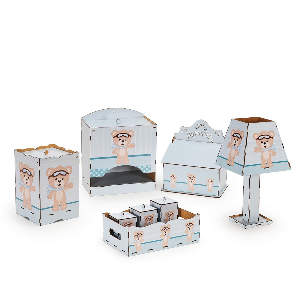 Kit Farmácia Higiene Bebe adesivado Azul Mdf 8 Peças Multi-Uso Pronta Entrega