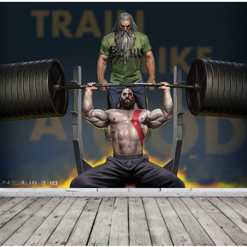 Papel de Parede 3d Adesivo Treino Academia God of Wor Kratos e Zeus Auto Colante Lavável m²