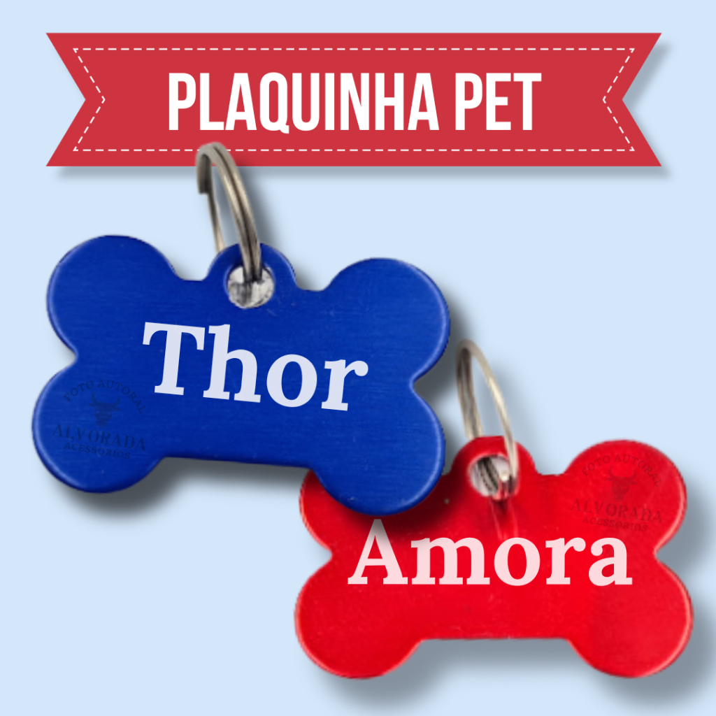 Plaquinha de identificação Pet Osso Colorido com Nome e Telefone