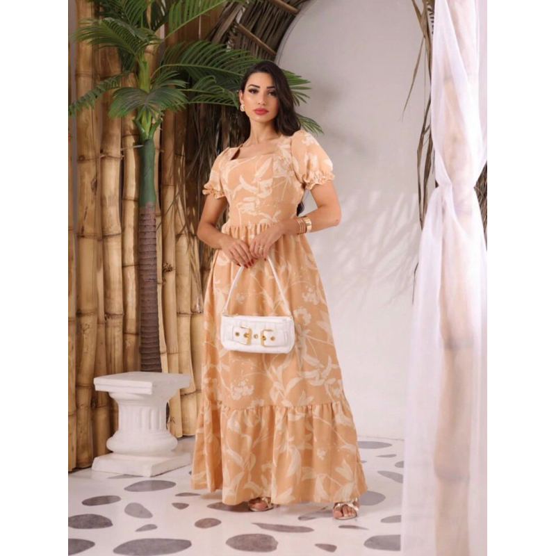 Vestido longo luxo elegante duna estampado manga princesa curta moda evangélica