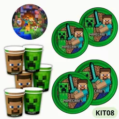 KIT FESTA MINECRAFT 8 PRATOS + 8 COPOS DESCARTÁVEL 200 ML PAPEL - FESTCOLOR (CHOCO)