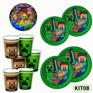 KIT FESTA MINECRAFT 8 PRATOS + 8 COPOS DESCARTÁVEL 200 ML PAPEL - FESTCOLOR em Oferta na Shopee
