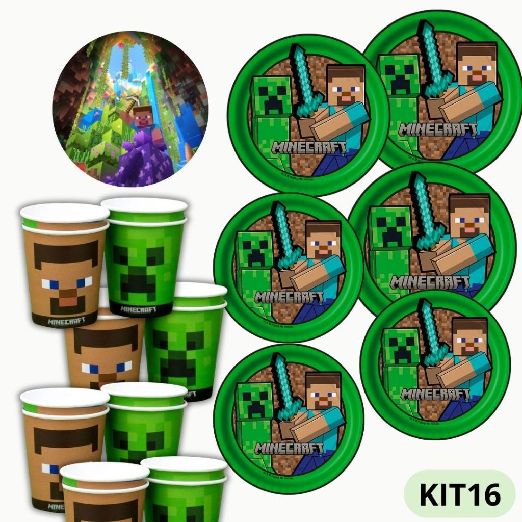 KIT FESTA MINECRAFT 16 PRATOS + 16 COPOS DESCARTÁVEL 200 ML PAPEL - FESTCOLOR em Oferta na Shopee